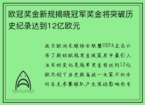 欧冠奖金新规揭晓冠军奖金将突破历史纪录达到12亿欧元